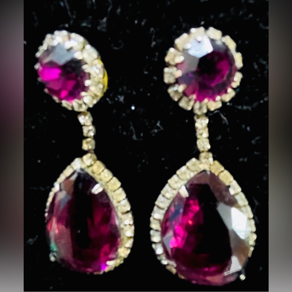 Beautiful large amethyst and clear rhinestone bezel Drop/dangle Earrings